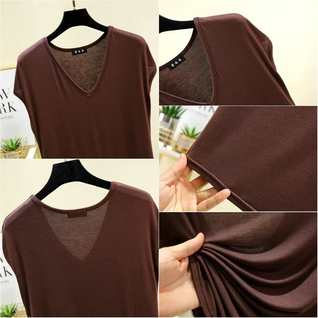 Modal V-Neck Tank Tops summer women's T-shirts sleeveless Plus size Thin Casual Loose Tee tops All match
