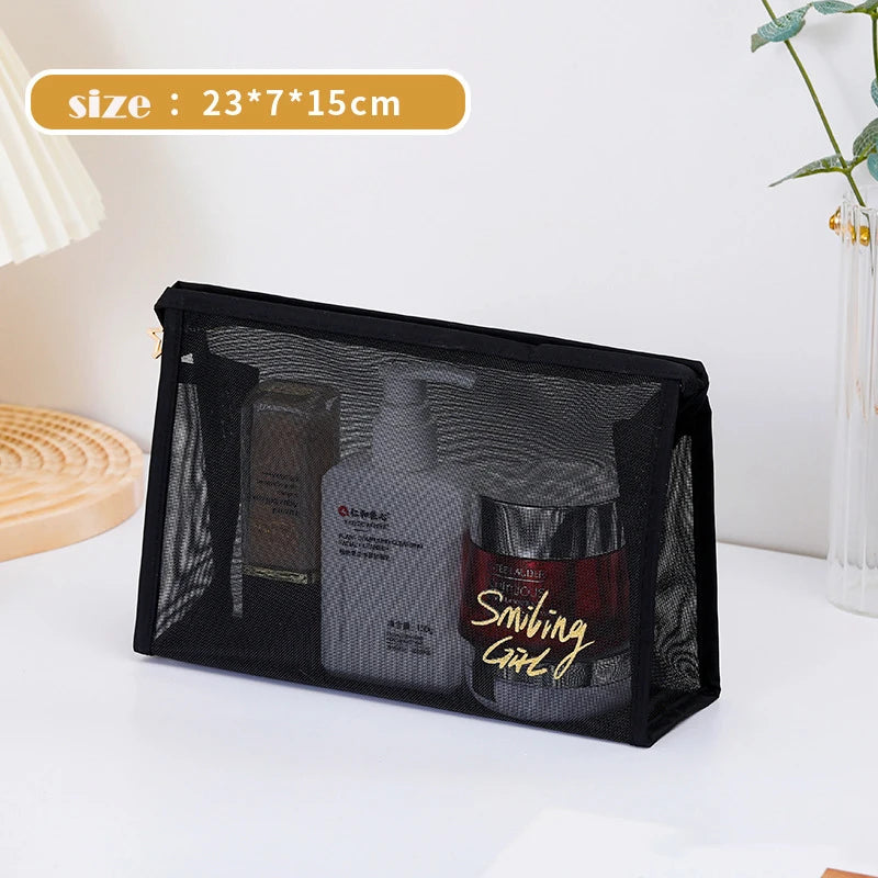 1pc Black Mesh Women'S Cosmetic Bag Transparent Travel Comsetics Brushes Organizer Beauty Case Small Large Toiletry Makeup Bag
