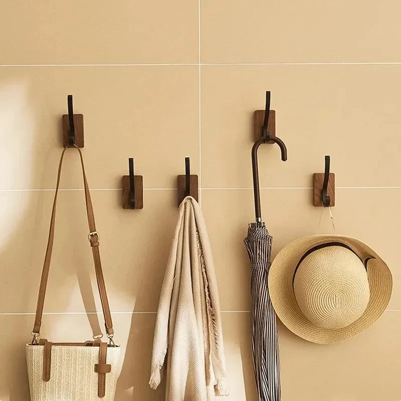 Self-adhesive New Simple Solid Wood Hook Walnut Hanging Hanger Bathroom Wall Hook Bedroom Coat Storage Rack Home Towel Key Decor