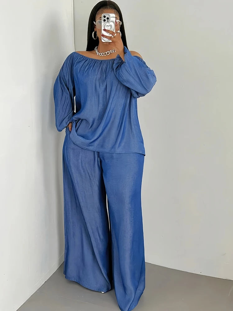 2piece Wide Legs Fake Jeans Suits for Women Plus Size Spring Outfits Off Shoulder Top and Pants Sets Wholesale Dropshipping