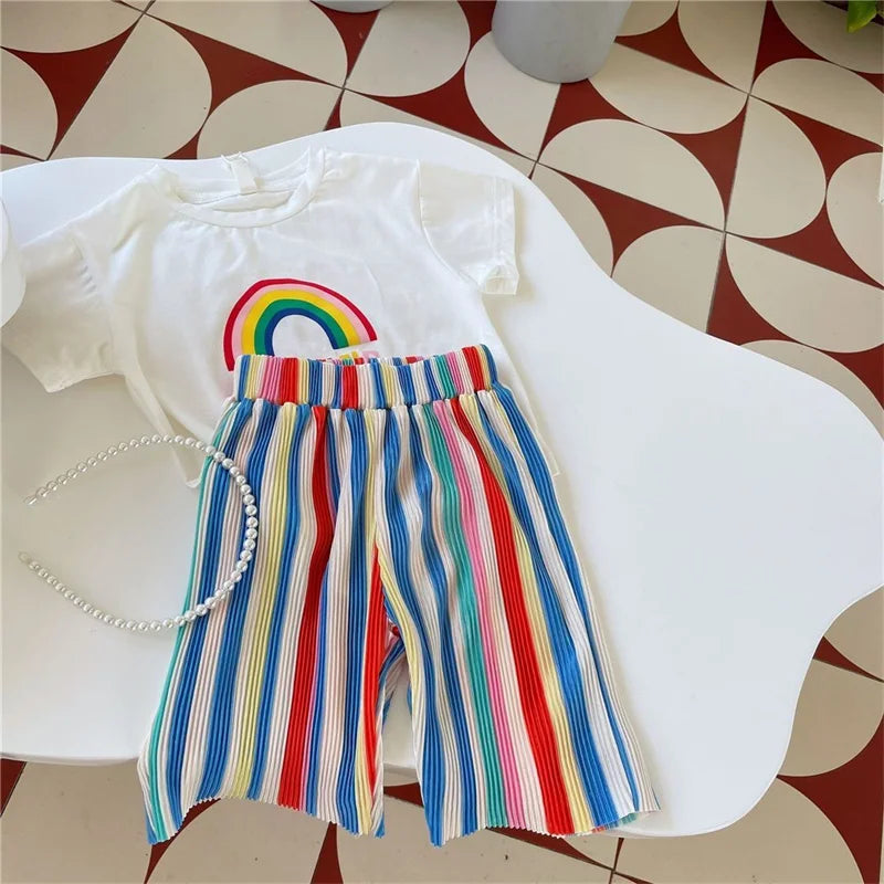 Baby Girls Tops Sets Kids Short-Sleeved Top Striped Trousers 2 Pieces Summer Rainbow Suit New Children's Fashion Casual Outfit