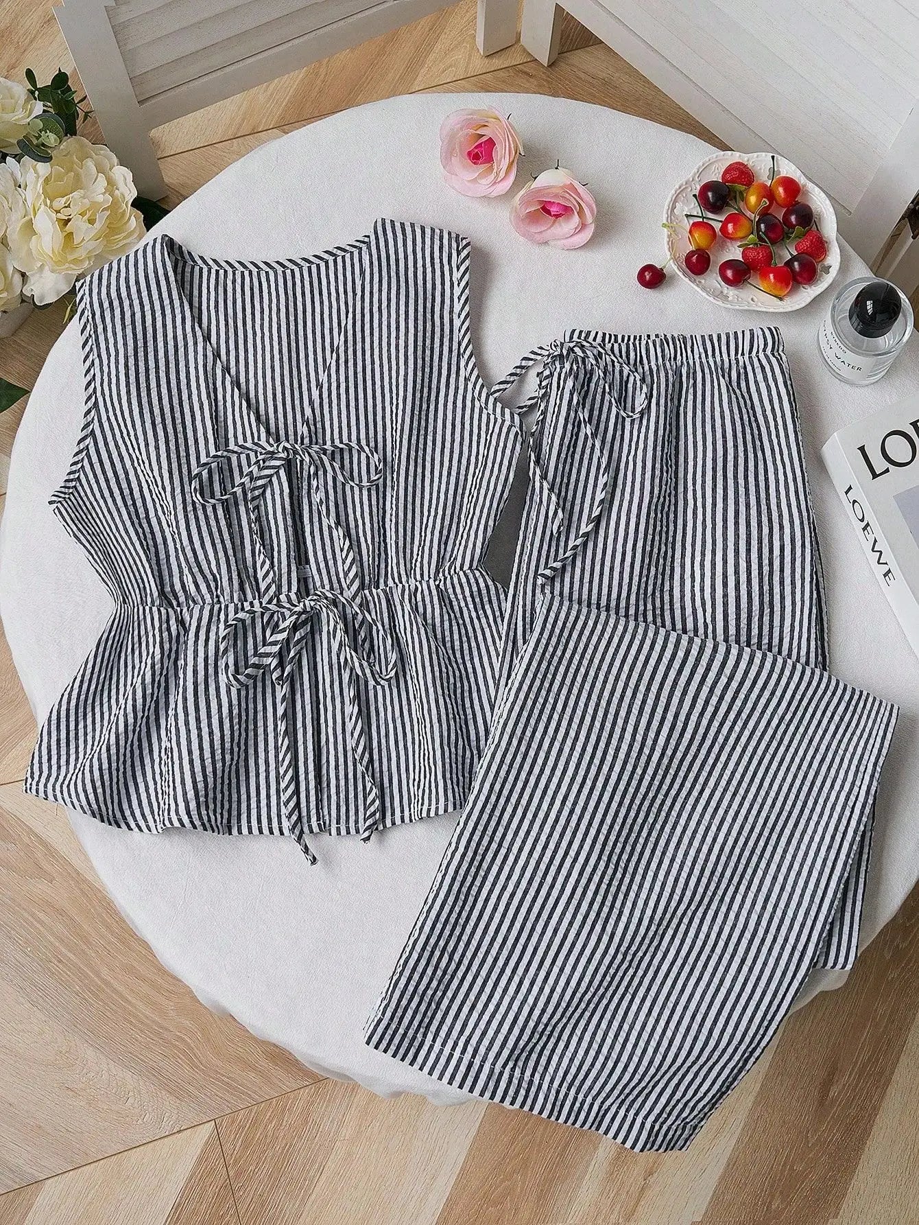 Women's Sets Two 2pcs Sale Summer V Neck Sleeveless Lace Up Vests&High Elastic Waist Striped Wide Leg Pant Suits OUYW-25014