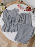 Women's Sets Two 2pcs Sale Summer V Neck Sleeveless Lace Up Vests&High Elastic Waist Striped Wide Leg Pant Suits OUYW-25014