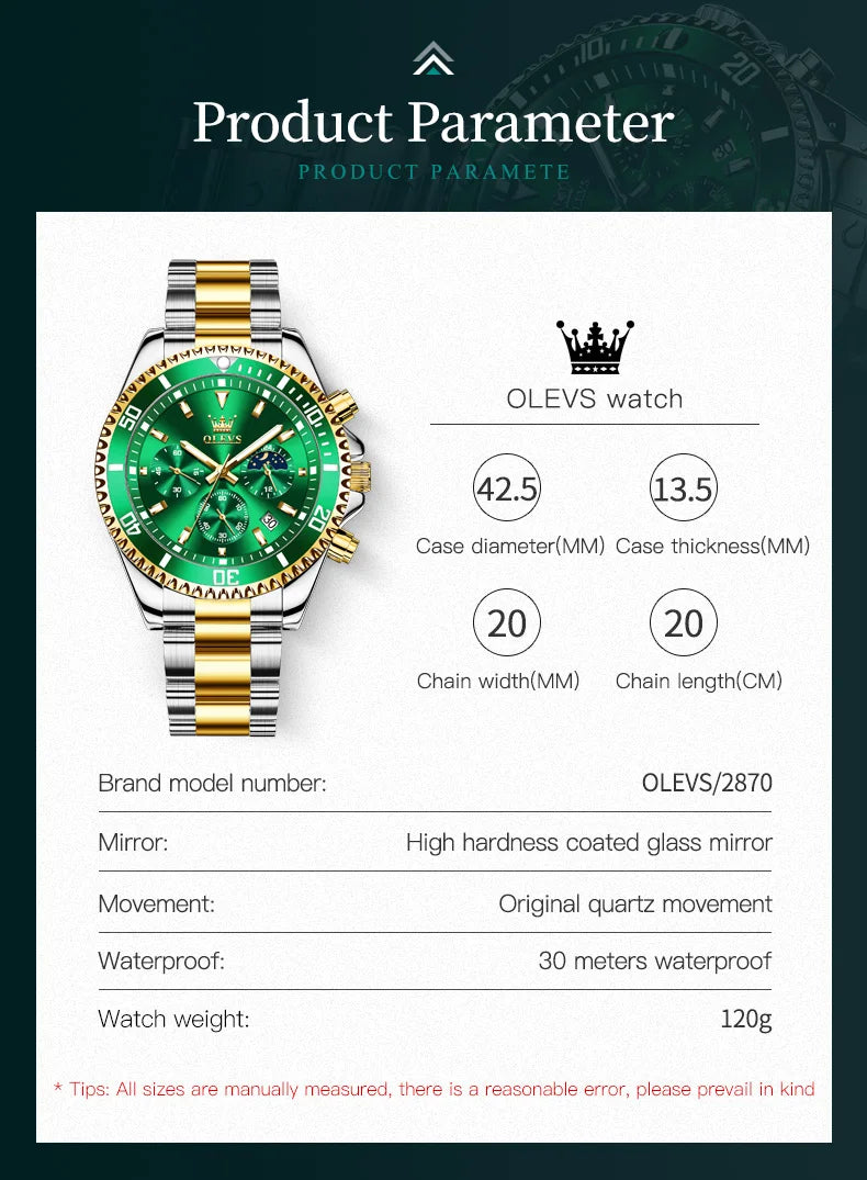 OLEVS 2870 Men's Watch Top Brand Luxury Watch for Men Original Waterproof Stainless Steel Chronograph Moon Phase Date Rota Dial