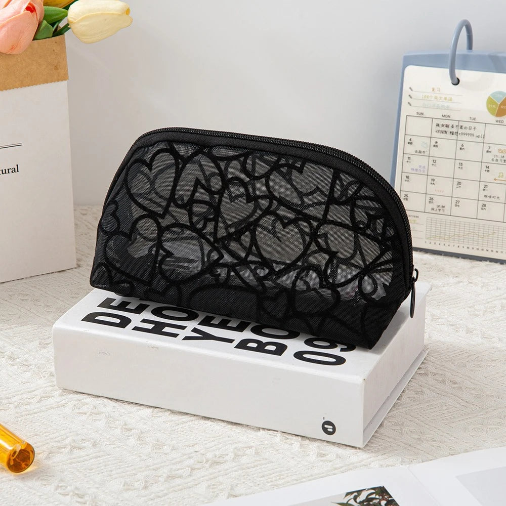 Heart-Shaped Nylon Mesh Cosmetic Bag Portable Toiletry Organizer for Women Makeup Storage
