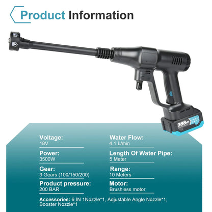 200Bar 6 IN 1 Brushless High Pressure Car Washer Gun Electric High Pressure Washer for Garden Tool Makita 18V Battery