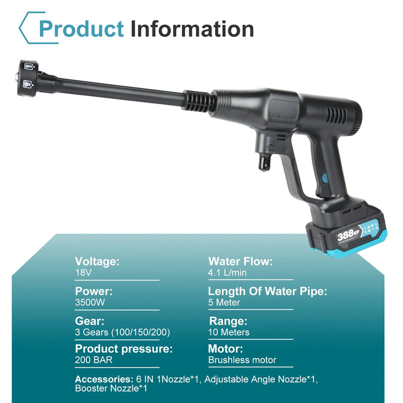 200Bar 6 IN 1 Brushless High Pressure Car Washer Gun Electric High Pressure Washer for Garden Tool Makita 18V Battery
