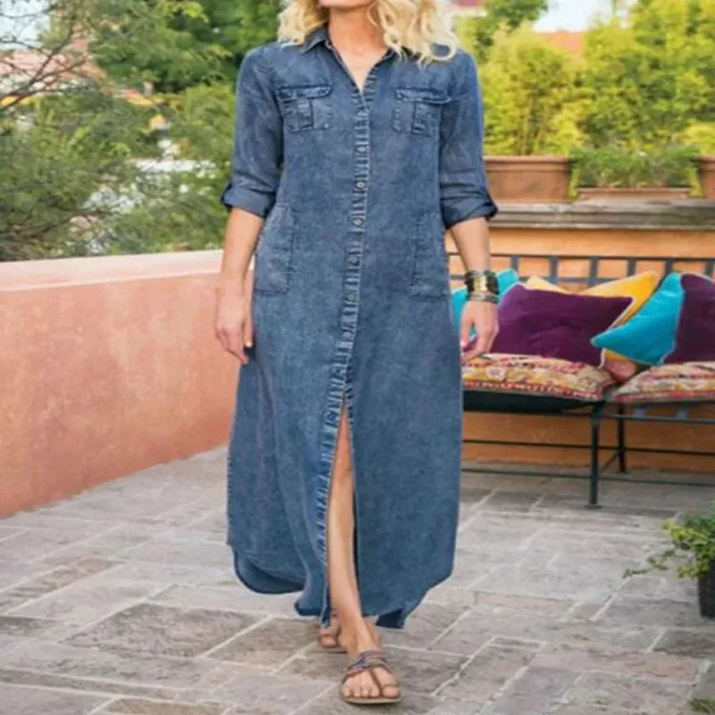 Vestido longo jeans feminino casual, elegante com gola flip, botão de manga comprida, bolso, solto, monocromático, plus size, L-5XL, verão