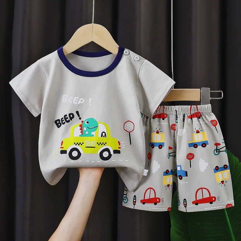 New Boys Summer Clothing Set Full Bear Print Cotton Short Sleeve T-shirts and Shorts 2PCS Breathable Outfit For Girls