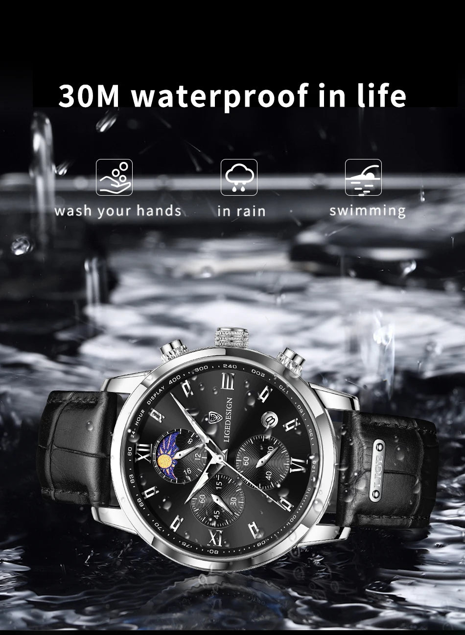 LIGE Casual Men Watch Luxury Leather Waterproof Sport Quartz Wristwatch Chronograph Military Watch for Men Relogio Masculino