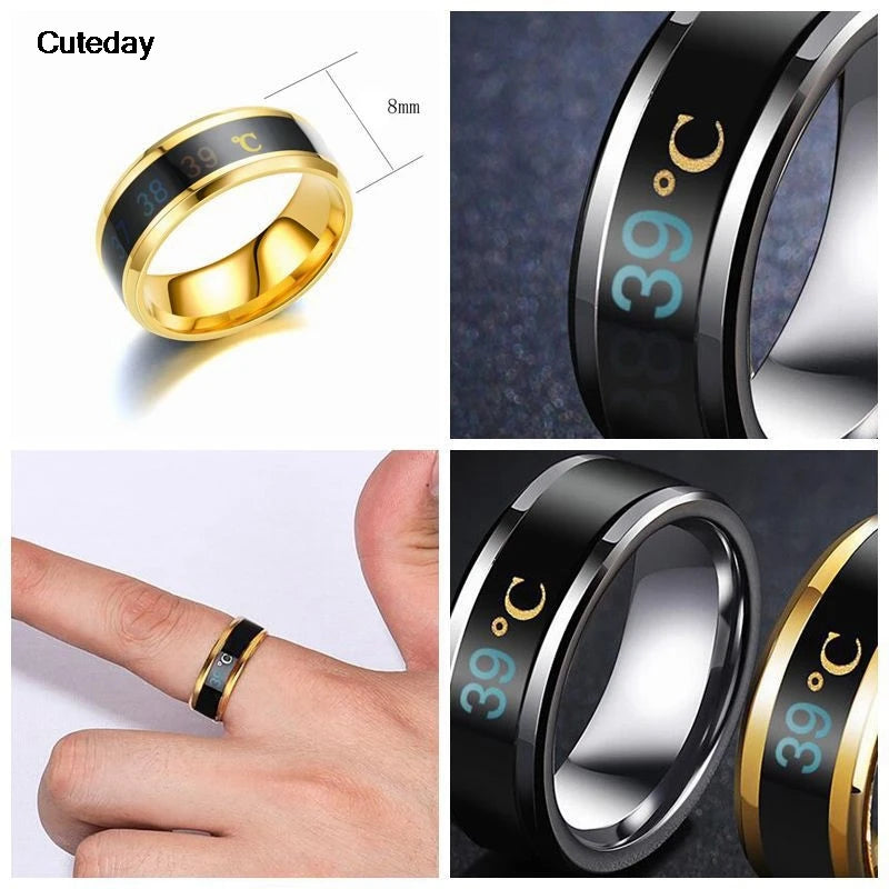 Anillo de temperatura de acero de titanio para hombre y mujer, con sensor de temperatura inteligente, resistente al agua, para medir el estado de ánimo y las emociones.