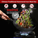 Carbon Steel Wok Pan 32cm Stir-Fry Pans with Wooden Lid Uncoated Flat Bottom Chinese Pan for Induction Electric Gas All Stoves