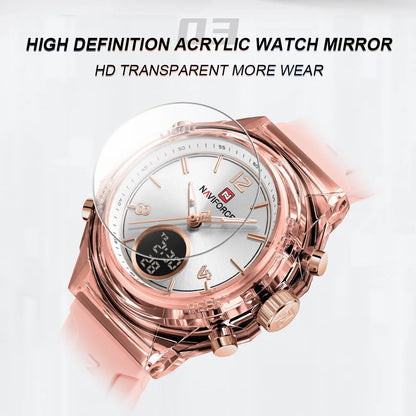 Relojes NAVIFORCE para mujer, nuevo diseño, esfera pequeña, deportivos, para mujer, resistente al agua hasta 5 ATM, reloj de pulsera de cuarzo con pantalla LCD digital, reloj para mujer