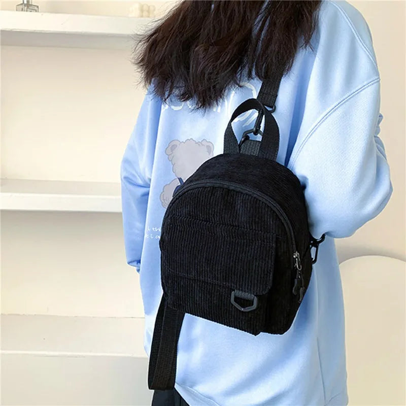 Women's Mini Backpack Fashion Solid Color Corduroy Small Simple Casual Traveling Large Capacity Durable Female's Schoolbag