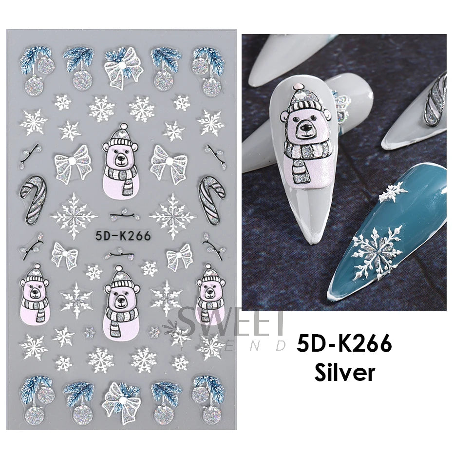 5D Red Christmas Nail Stickers Glitter Embossed Snowflake Gloves Feather Bulb Bells Winter Xmas DIY Engraved Manicure Decoration