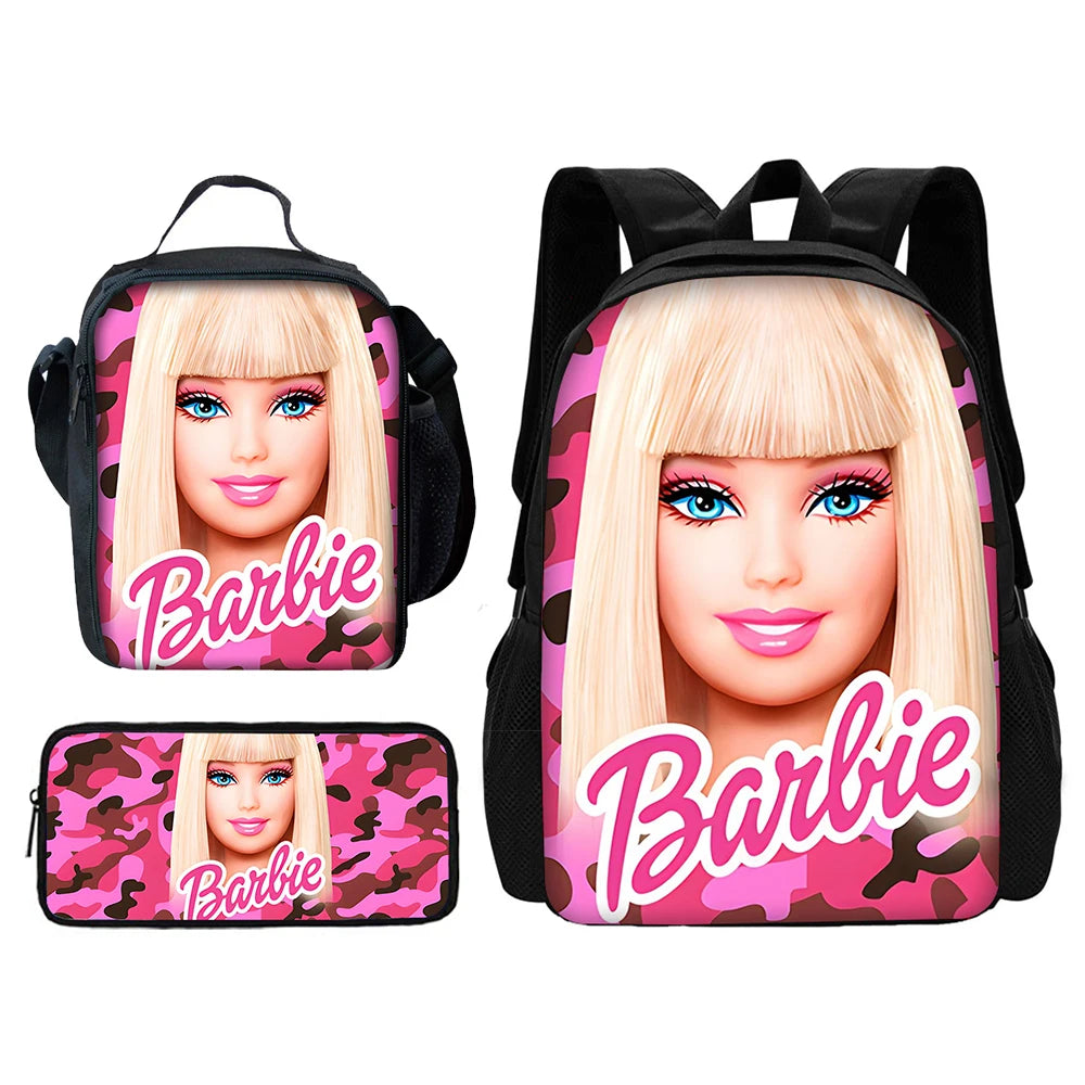 Cartoon Dolls 3 pcs set Child School Backpack with Lunch Bags Pencil Bags B-Barbies School Bags for Boys Girls Best Gift