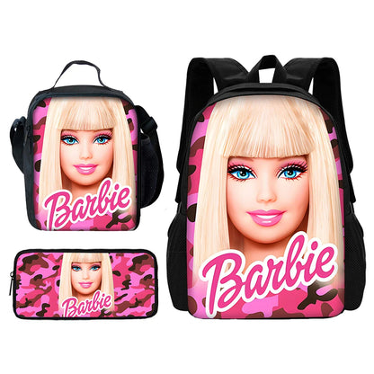 Cartoon Dolls 3 pcs set Child School Backpack with Lunch Bags Pencil Bags B-Barbies School Bags for Boys Girls Best Gift
