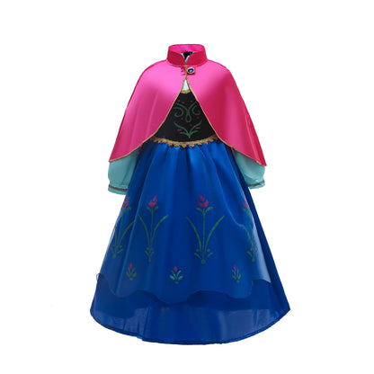 Disney Frozen Princess Anna Dress with Fuchsia Cape Girls Snow Queen Elsa's Sister Costume Play Toddler Carnival Royal Frocks