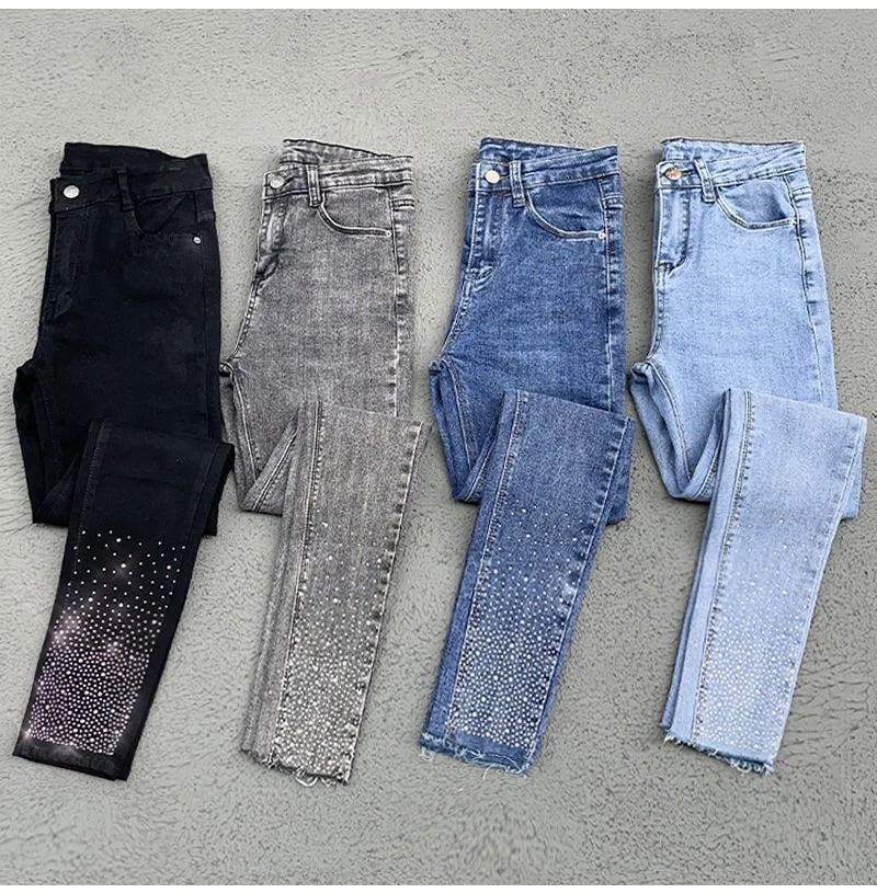Spring Summer 2024 New Fashion Harem Denim Pants Female Rhinestones Korean Version High Waist Slim Elastic Jeans Pencil Pants