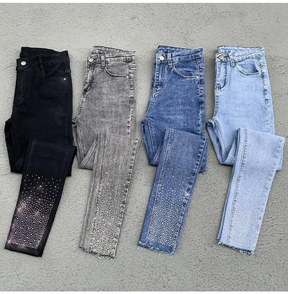 Spring Summer 2024 New Fashion Harem Denim Pants Female Rhinestones Korean Version High Waist Slim Elastic Jeans Pencil Pants