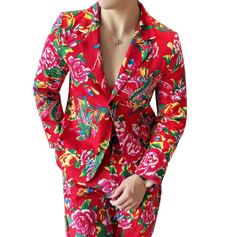 Men Suit 2 Piece Fashion Party Mens Vintage Print Big flower in northeast China Suits Jacket Pants Men Sets