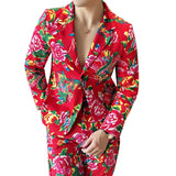 Men Suit 2 Piece Fashion Party Mens Vintage Print Big flower in northeast China Suits Jacket Pants Men Sets