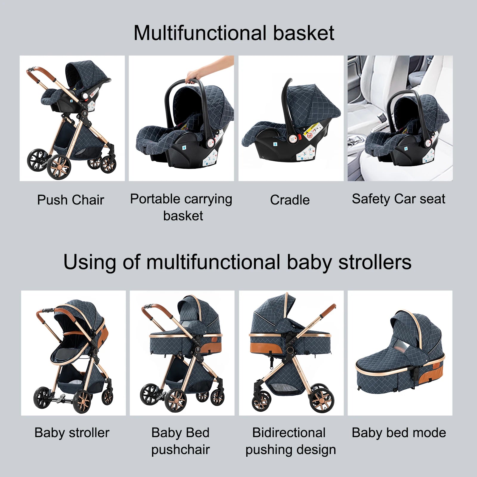 Cochecito de bebé ligero 3 en 1, sistema de viaje de lujo con asiento ajustable, capota y mosquitera para recién nacidos.