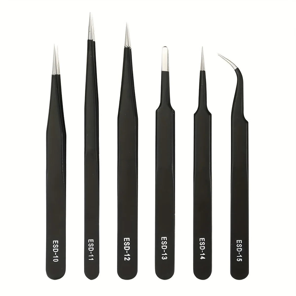 Juego de pinzas antiestáticas ESD de precisión: herramienta de acero inoxidable duradera de 6 piezas para reparación electrónica y modelado de procesos, doblado y corte.