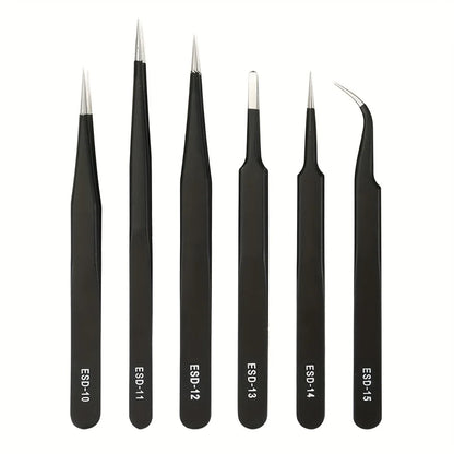 Juego de pinzas antiestáticas ESD de precisión: herramienta de acero inoxidable duradera de 6 piezas para reparación electrónica y modelado de procesos, doblado y corte.