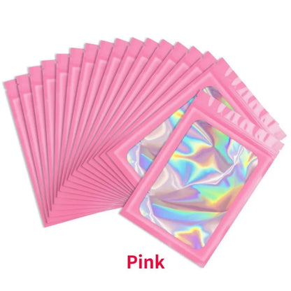 Bolsa de Embalagem Holográfica com Janela Clara para Alimentos, Translúcido, Cheiro à Prova, Mylar, Resealable, Odor Prova, 50Pcs