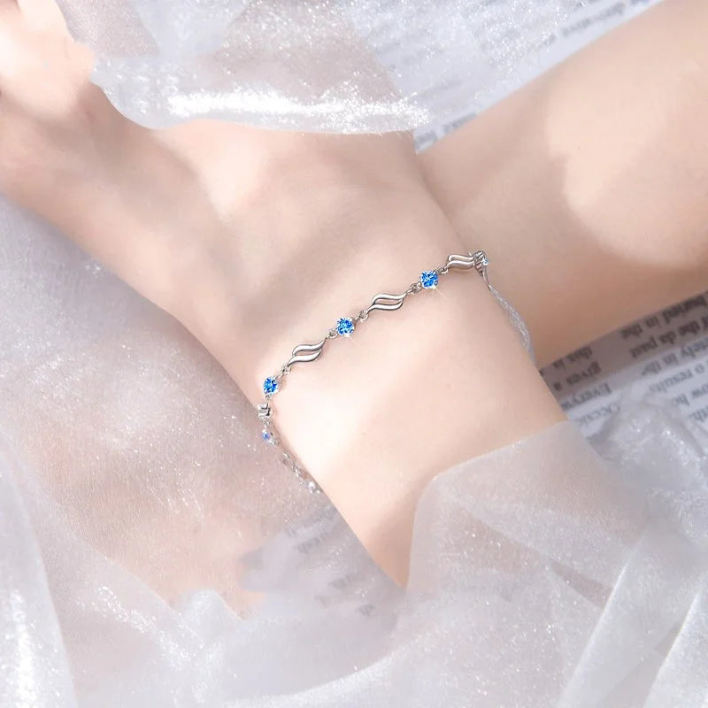 Retro 925 Sterling Silver Blue Crystal Bracelets for Women Korean Designer Hollow Adjustable Bracelets Luxury Party Jewelry Gift 