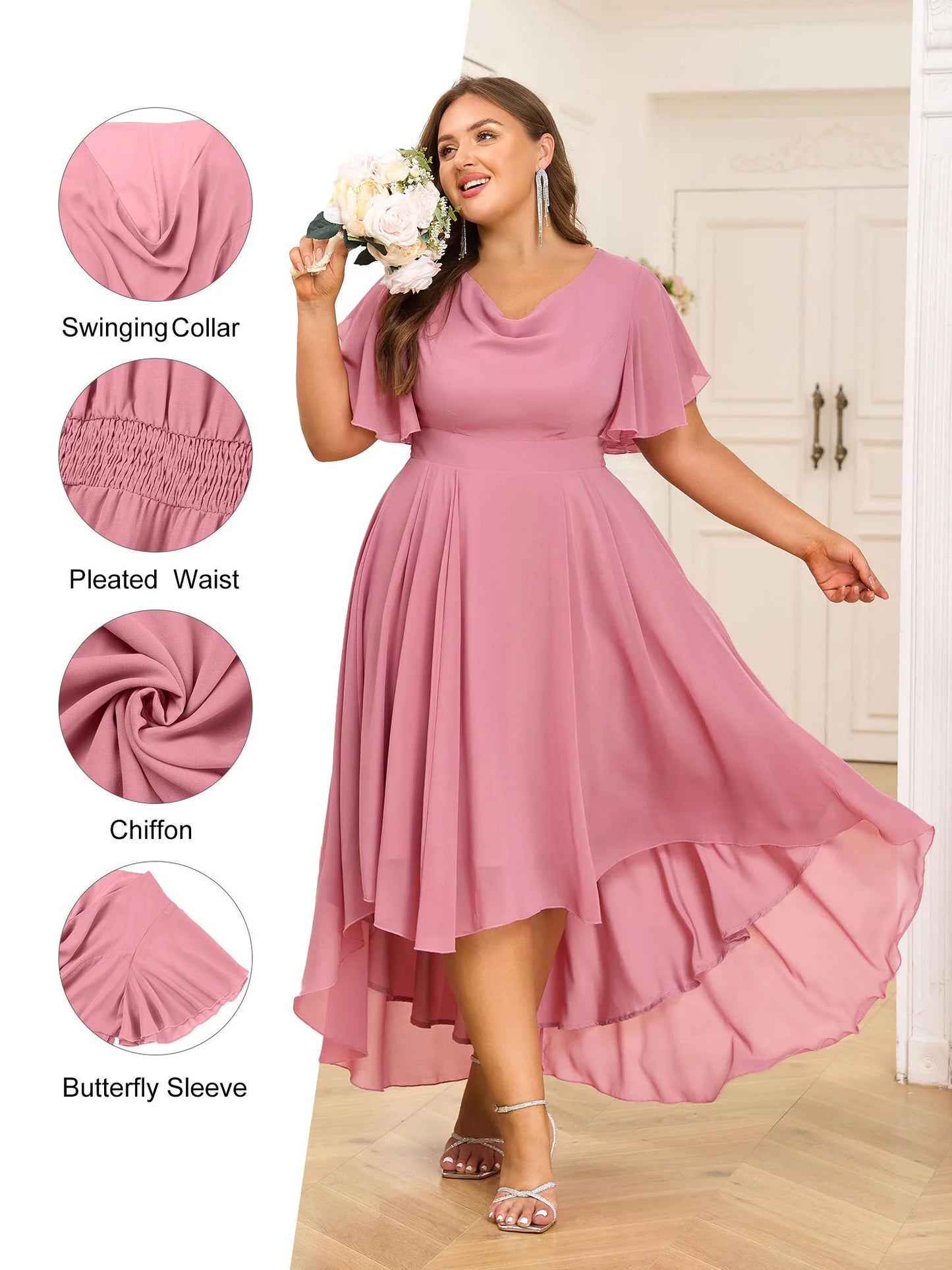 Plus size feminino chiffon com decote em v balanço a linha midi vestido ladie manga borboleta festa cocktail noite vestido de baile