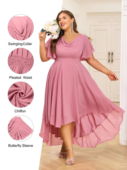 Plus size feminino chiffon com decote em v balanço a linha midi vestido ladie manga borboleta festa cocktail noite vestido de baile