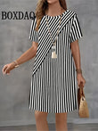 Casual Elegant Women Dresses Fashion Loose Mini Dress Short Sleeve Pullover Female Clothing Summer Striped Print Dress Plus Size