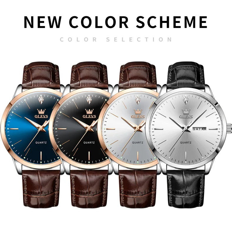 Reloj de vestir de cuarzo OLEVS 2935 con calendario dual para hombre, sencillo y original, de cuero, resistente al agua, luminoso, para negocios.