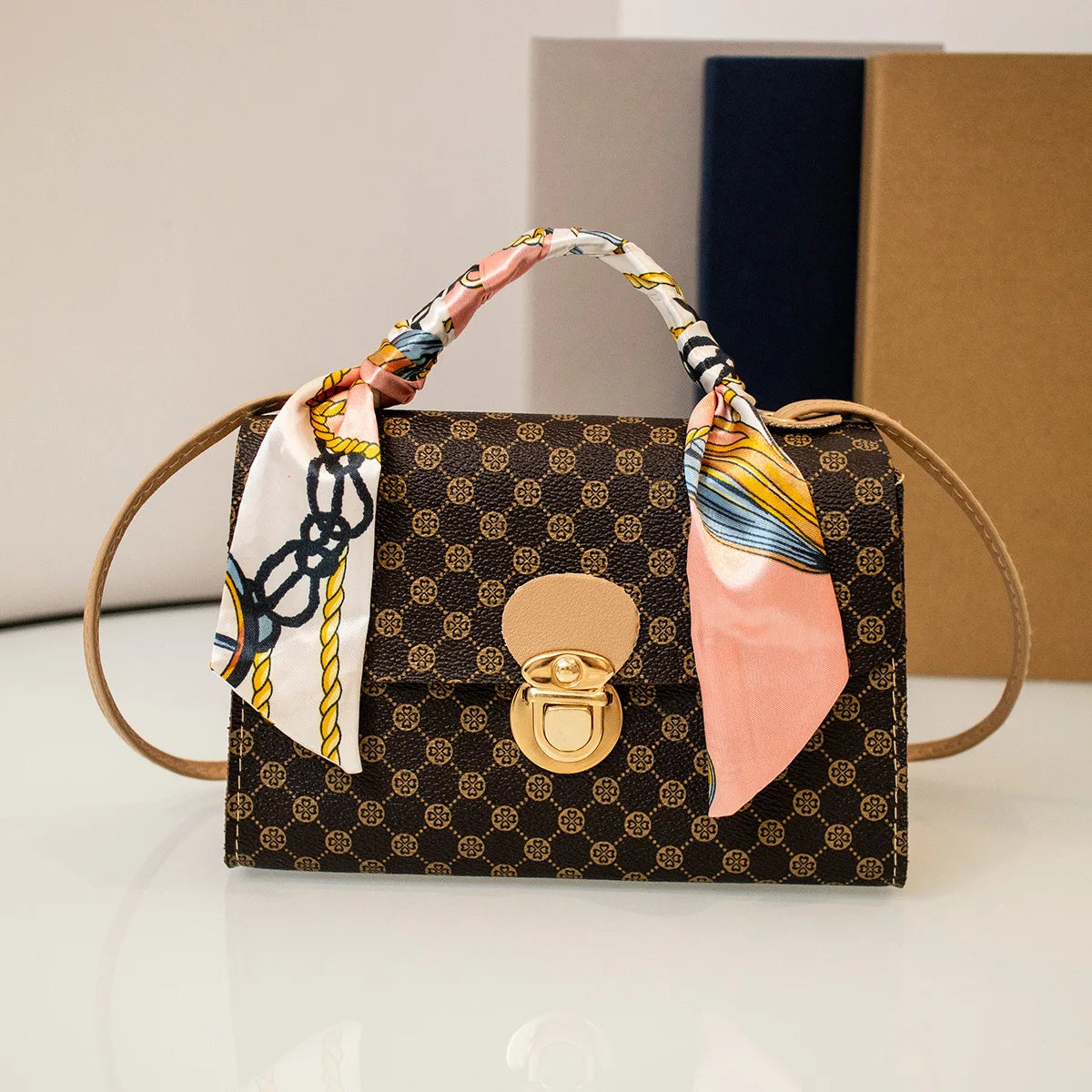 Casual Versatile Floral Print Shoulder Bag Simple Design Silk Scarf Handbag Fresh Sweet Style PVC Material Small Square Bag