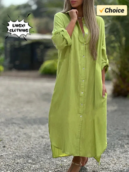 Vestido longo de algodão e cânhamo feminino, camisa elegante, manga longa casual, estilo praia, plus size, verão, novo