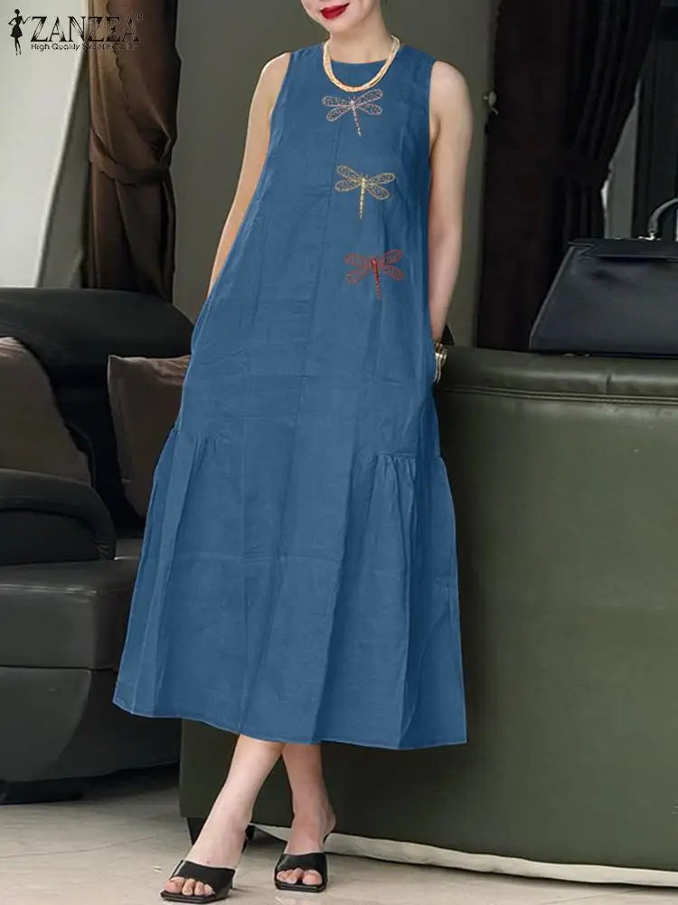 ZANZEA-vestido Midi informal con bordado de libélula para mujer, vestido de verano a la moda con cuello redondo, sin mangas, acampanados, batas con dobladillo con volantes