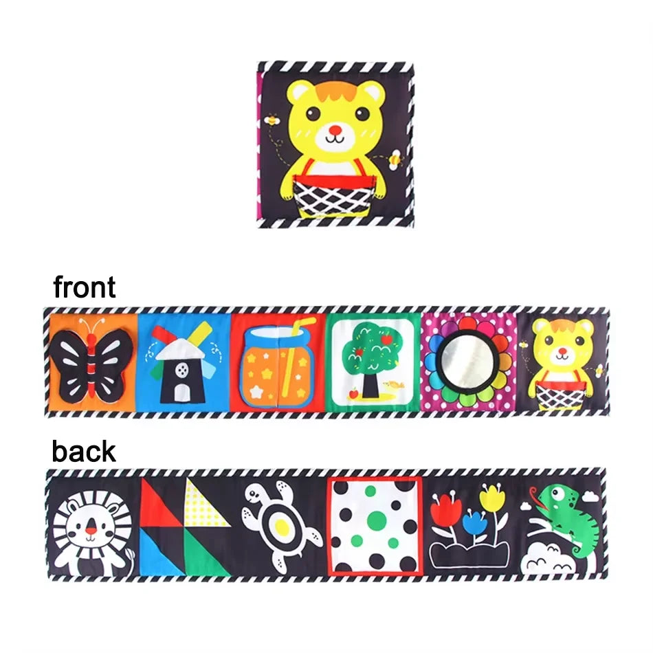 Livro de Pano de Alto Contraste para Bebês (0M+) – Brinquedos Sensoriais em Preto e Branco com Temática de Animais para Berço e Método Montessori