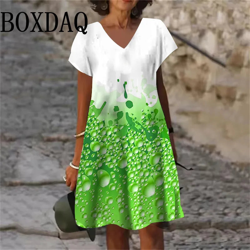 2025 Summer 3D Print Dress New Women V-Neck Short Sleeve Loose Dress Streetwear Casual Oversized Dress Woman Clothing Plus Size