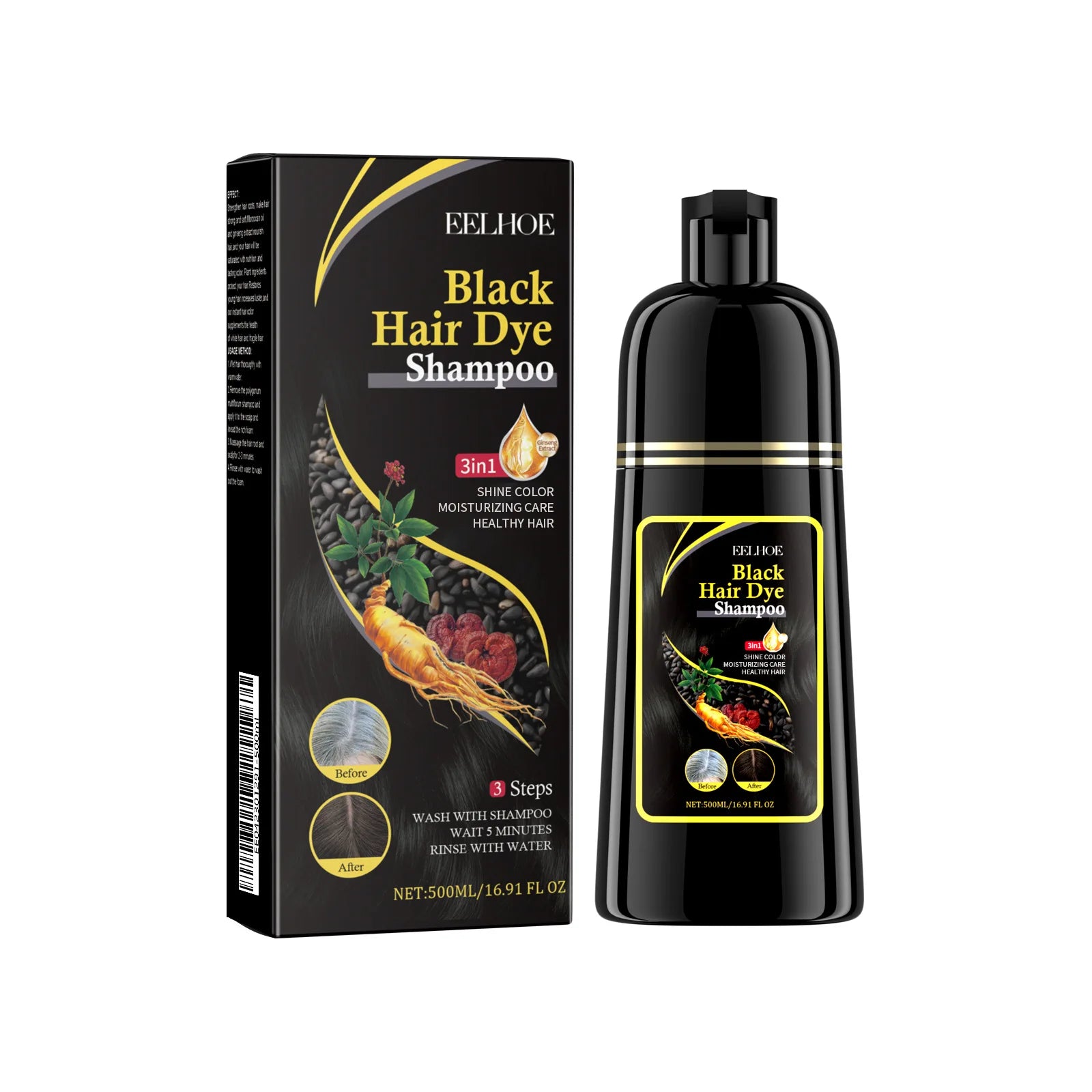Shampoo EELHOE 3 em 1 para Tingir Cabelos de Preto: Crescimento, Limpeza, Escurecimento e Nutrição Profunda – Fórmula Natural, Orgânica e à Base de Ervas