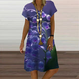 6XL Summer Plus Size Dresses Women Plant Flower Print Loose Dress Casual V-Neck Short Sleeve Knee-Length Dress Vestidos Sundress