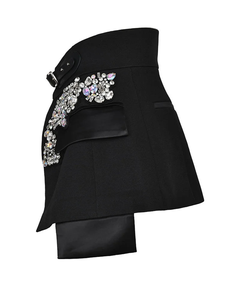 EAM - Minifalda negra con cinturón y pedrería irregular, cintura alta, para mujer, tendencia de moda, primavera otoño 2025, JY75801