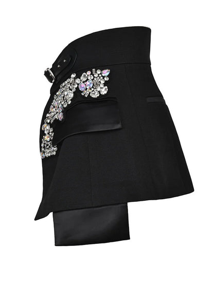 EAM - Minifalda negra con cinturón y pedrería irregular, cintura alta, para mujer, tendencia de moda, primavera otoño 2025, JY75801