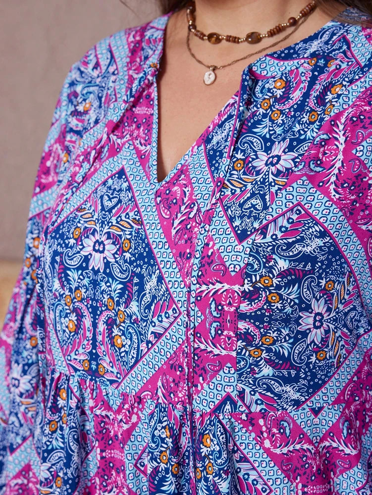 Plus size 2025 novo feminino com decote em v roxo casual impresso vestido longo casual solto poliéster manga longa pulôver