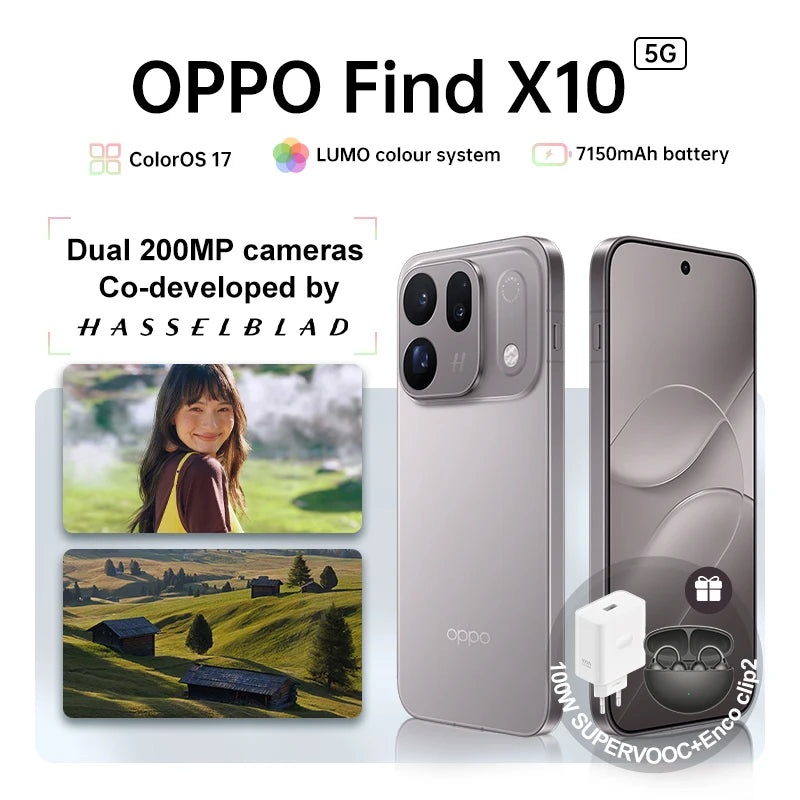 Versão europeia do OPPO Find X10, 12 GB + 256 GB / 12 GB + 512 GB, câmeras duplas de 200 MP, sistema desenvolvido em parceria com a HASSELBLAD, ColorOS 17, mecanismo LUMO True Color, bateria de 7150 mAh e carregamento de 80