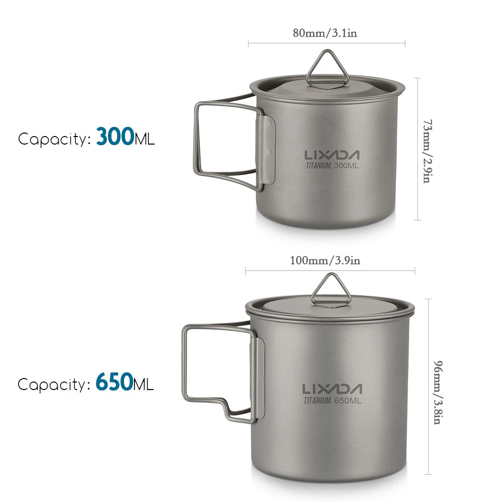 Taza de agua ultraligera de titanio Lixada con asa plegable, portátil para exteriores, camping, picnic, 300 ml/350 ml/550 ml/650 ml