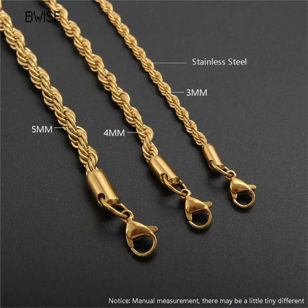Bwise 3/4mm 316L Rope Chain Necklace Stainless Steel Never Fade Choker Waterproof Men Women Jewelry Gold Color Chains Gift