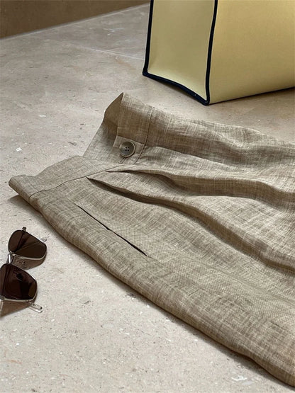 HanOrange 2024 Summer Lazy Linen Casual Knee Length Pants Women Loose Thin Anti-transparent A-line Profile Five Cents Trousers