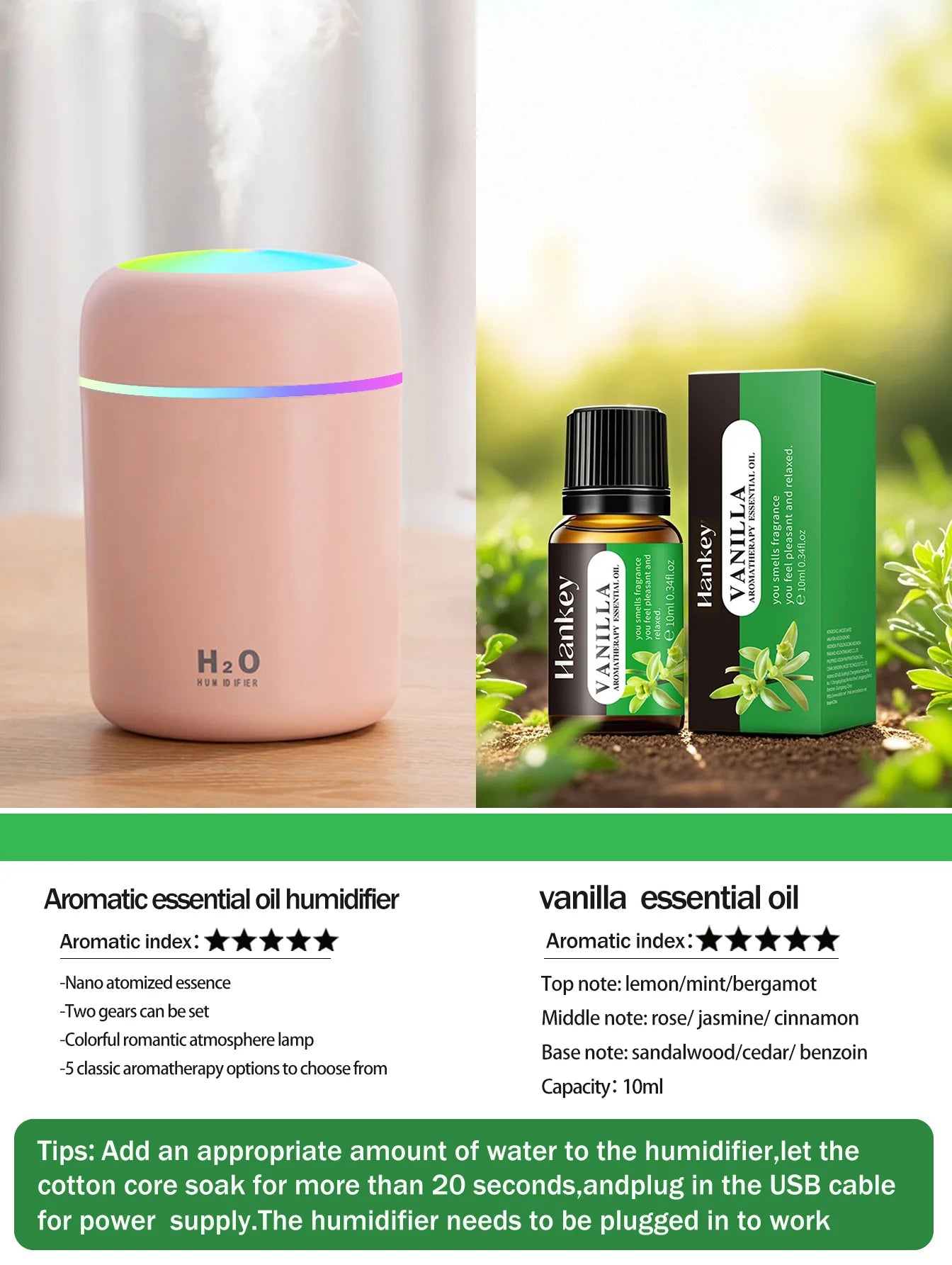 300ml Aromatherapy Diffuser Humidifier Air Purifier Car Home Use Seven-color Light Aromatherapy Essential Oil